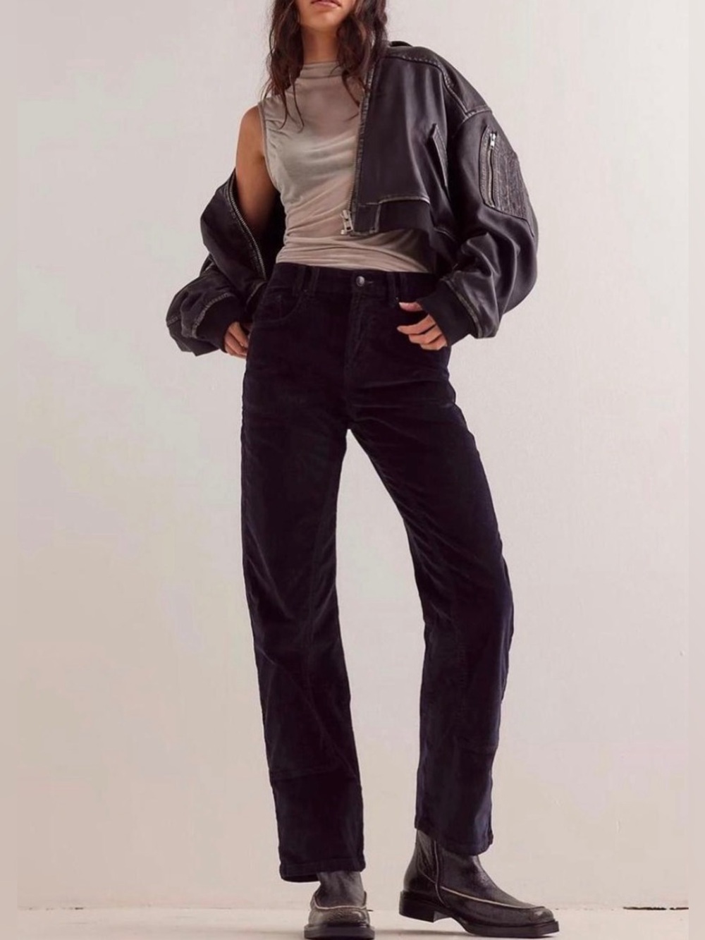 Free People We The Free Risktaker High Rise Straight Corduroy Pants Black 27